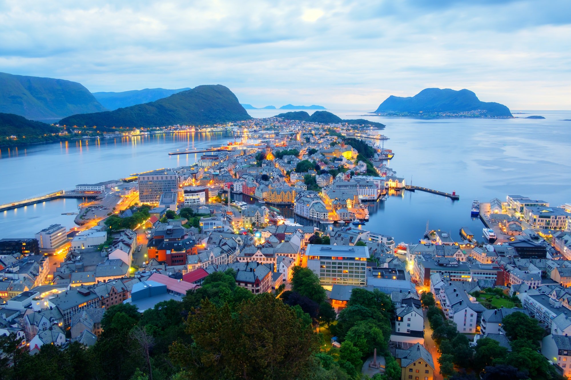 Colorful sunset in Alesund port town